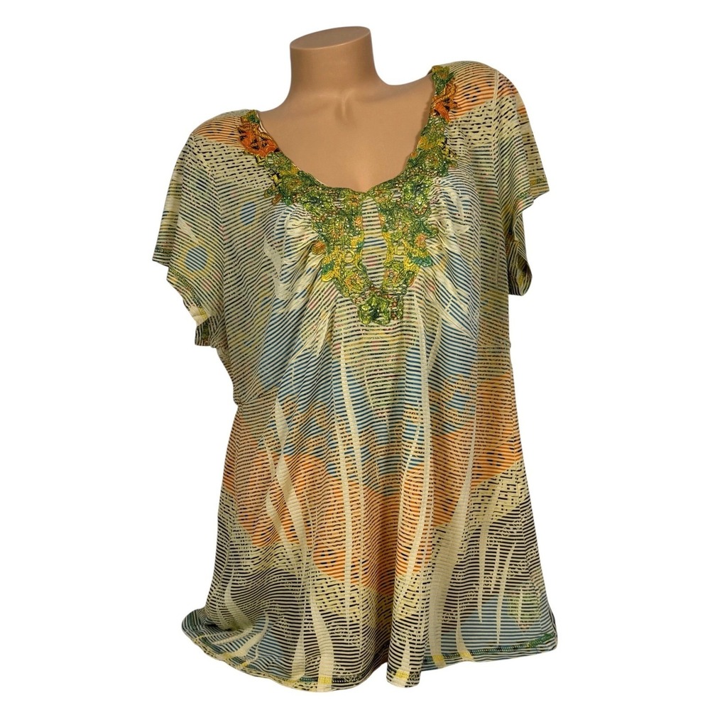 Live and Let Live Women's 2X Boho Striped Embellished Sequin Top Yellow Orange
